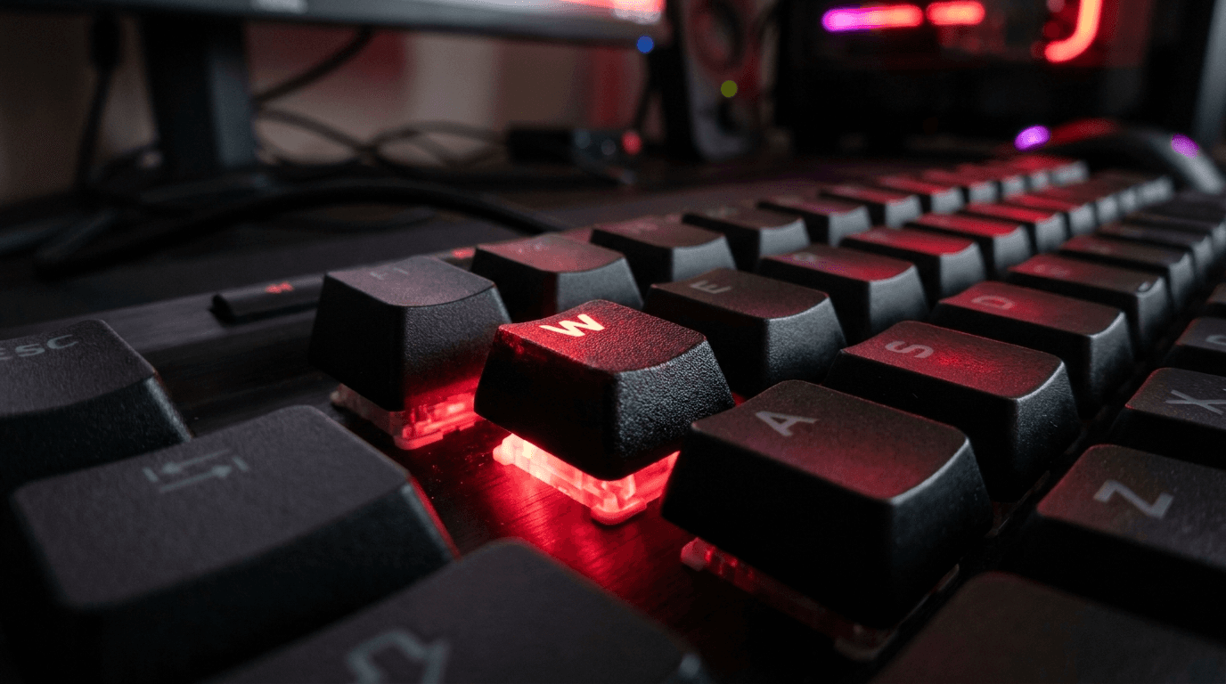 Teclado com tecla W acesa em vermelho