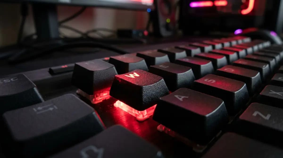 Teclado com tecla W acesa em vermelho